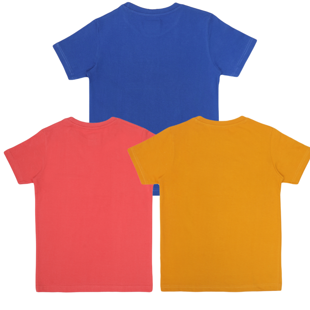 Round Neck Printed Cotton Tshirt, Color- Blue, Golden Yellow, Peach_(Pack of 3)